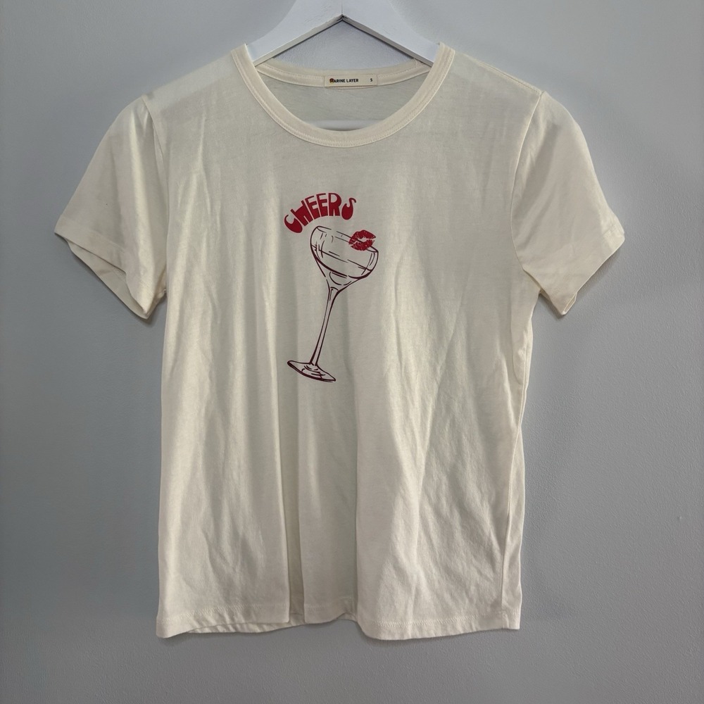 Marine Layer Cheers Classic Crew Graphic Short Sleeve Tee Small Cocktail Kiss